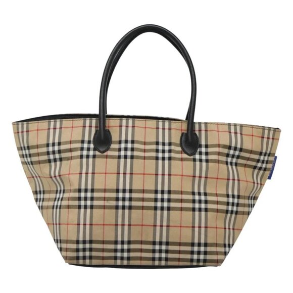 Burberrys Nova Check Blue Label Tote Bag Nylon Beige Silver Auth - Picture 6 of 16